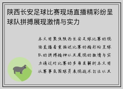 陕西长安足球比赛现场直播精彩纷呈球队拼搏展现激情与实力